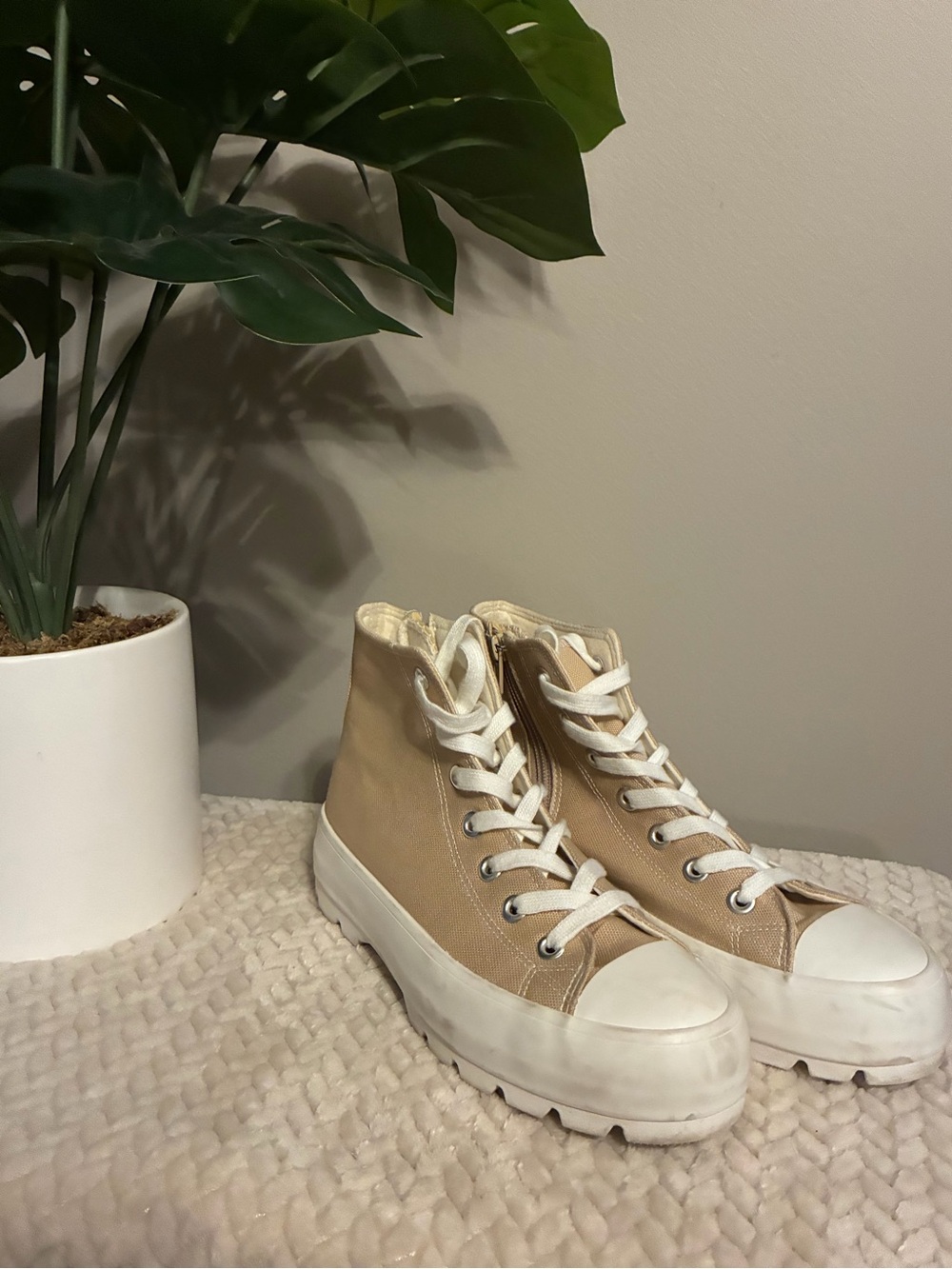 Sincerly Jules Beige High-Top Canvas Sneakers with White Soles